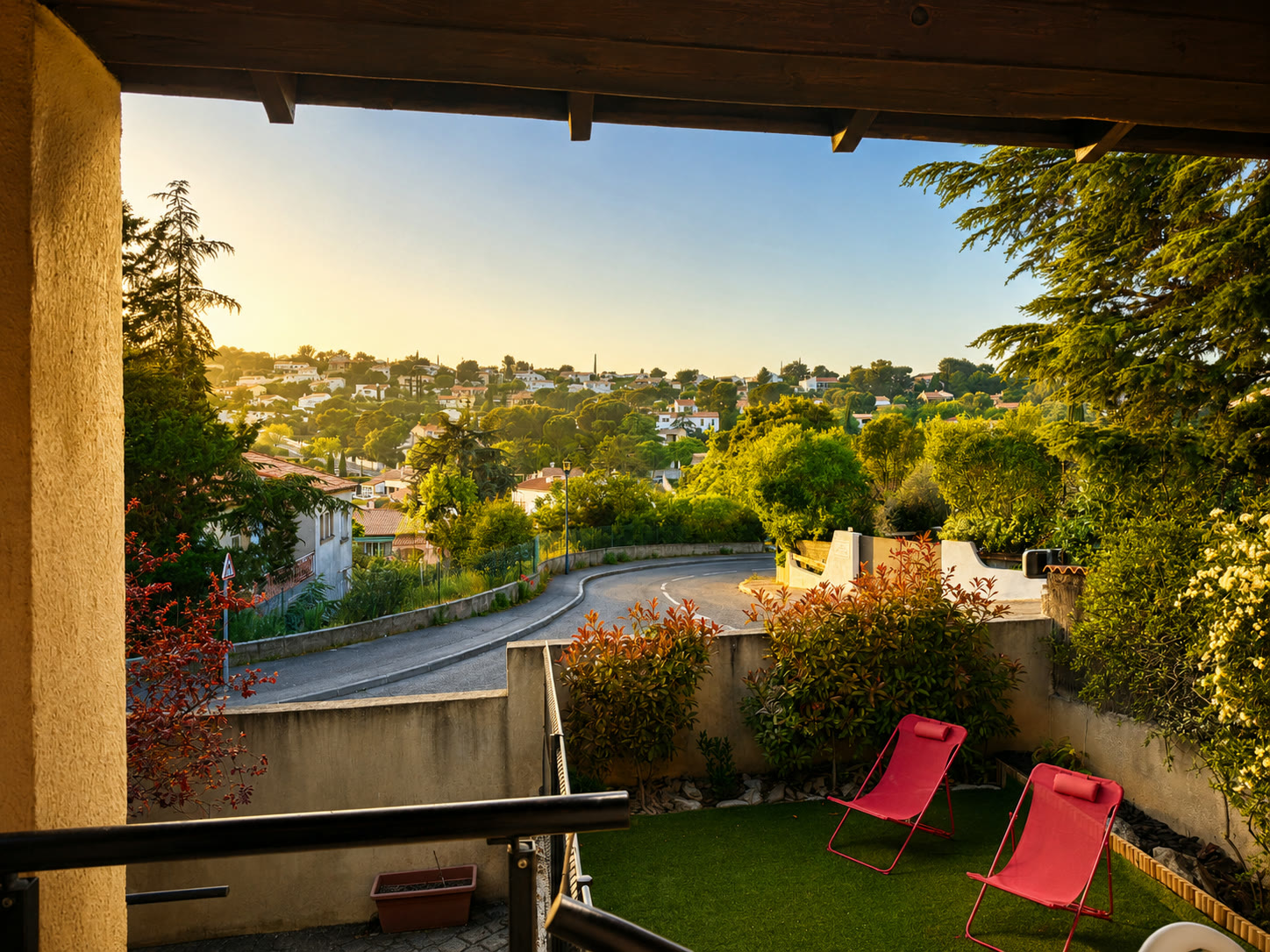 Vue depuis la terrasse au coucher du soleil